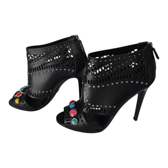 Gucci Lika Laser Cut Black Leather Jewel Studded Heeled Open Toe Booties 40 - Picture 4 of 15